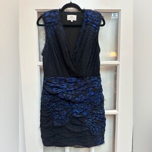 Madison Marcus Silk Deep V Blue & Black Animal Print Ruched Dress Size Medium M